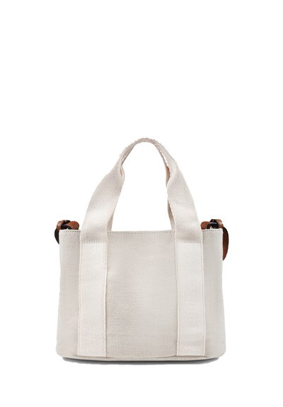 Borsa a tracolla in tela beige con due manici in tessuto spessi e dettagli in pelle marrone. Forma quadrata, design strutturato, superficie testurizzata.