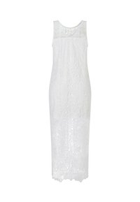Weißes Spitzenkleid mit ärmellosem Design, das ein florales Muster und einen gewellten Saum aufweist. Der Spitzenüberzug verleiht dem Kleidungsstück Textur.