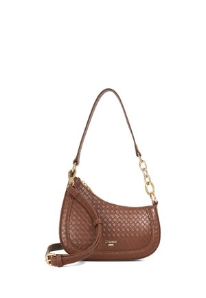 Sac à bandoulière en cuir brun à effet tressé avec détail chaîne dorée et bandoulière ajustable, marqué "Dune" à l'avant.