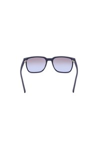 Gafas de sol cuadradas con montura azul oscura, lentes gris degradado y detalles metálicos en las patillas, con un acabado mate.