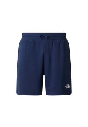 Tmavě modré šortky vyrobené z měkké látky, s elastickým pasem se stahovací šňůrkou a malým logem na spodní pravé straně.