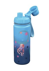 Blaue Wasserflasche mit strukturierter Oberfläche, verziert mit Designs von Quallen und Seesternen. Schraubdeckel mit Tragriemen und Klappdeckel.