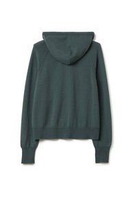 Maglione con cappuccio di un verde scuro in tonalità teal, con una finitura testurizzata, maniche a costine e orlo cropped. Presenta maniche raglan e un design semplice e minimalista.