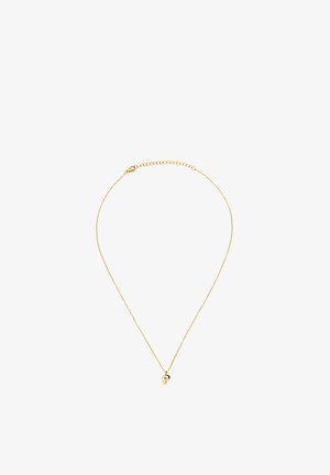 Collana a catena sottile in oro con un piccolo ciondolo in oro a forma della lettera "p" e chiusura a moschettone.