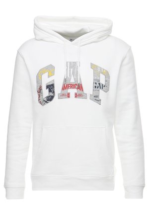 Biała bluza z kapturem, z kieszenią z przodu i dużym logo "GAP" w mieszanym druku na klatce piersiowej, z kapturem na sznurki.