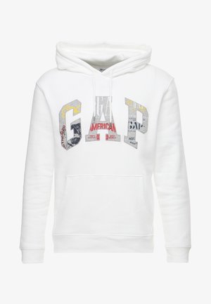 Felpa bianca con cappuccio e tasca frontale, con grande logo "GAP" in lettere stampate miste sul petto, dotata di coulisse nel cappuccio.