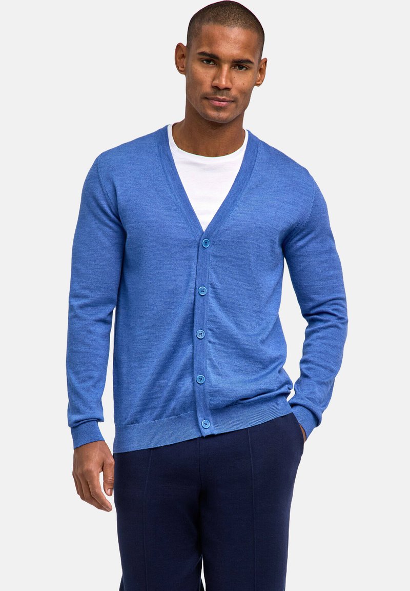 Blaues Cardigan aus weichem Stoff, mit V-Ausschnitt, langen Ärmeln und sechs blauen Knöpfen an der Vorderseite. Kombiniert mit dunklen Hosen.