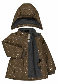 Braune wasserdichte Jacke mit einem gesprenkelten Muster, ausgestattet mit einer abnehmbaren Kapuze, Knopf- und Reißverschluss, sowie einem Fleecefutter für zusätzliche Wärme.