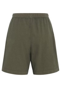 Shorts vert olive en tissu léger, avec une taille élastique, des poches latérales et une coupe décontractée, texture lisse.