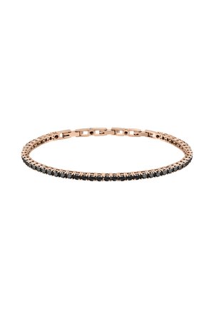 Bracciale in oro rosa con una linea continua di pietre nere, caratterizzato da un design elegante e flessibile con chiusura a scatto.