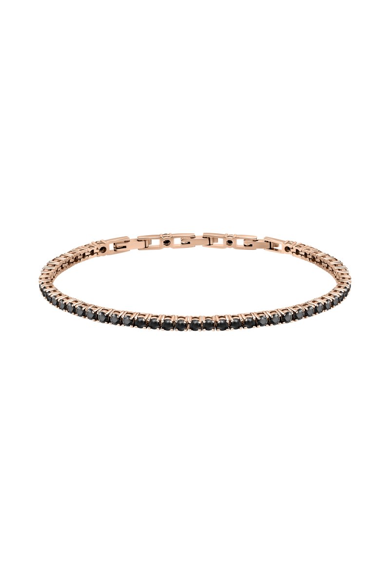 Bracciale in oro rosa con una linea continua di pietre nere, caratterizzato da un design elegante e flessibile con chiusura a scatto.