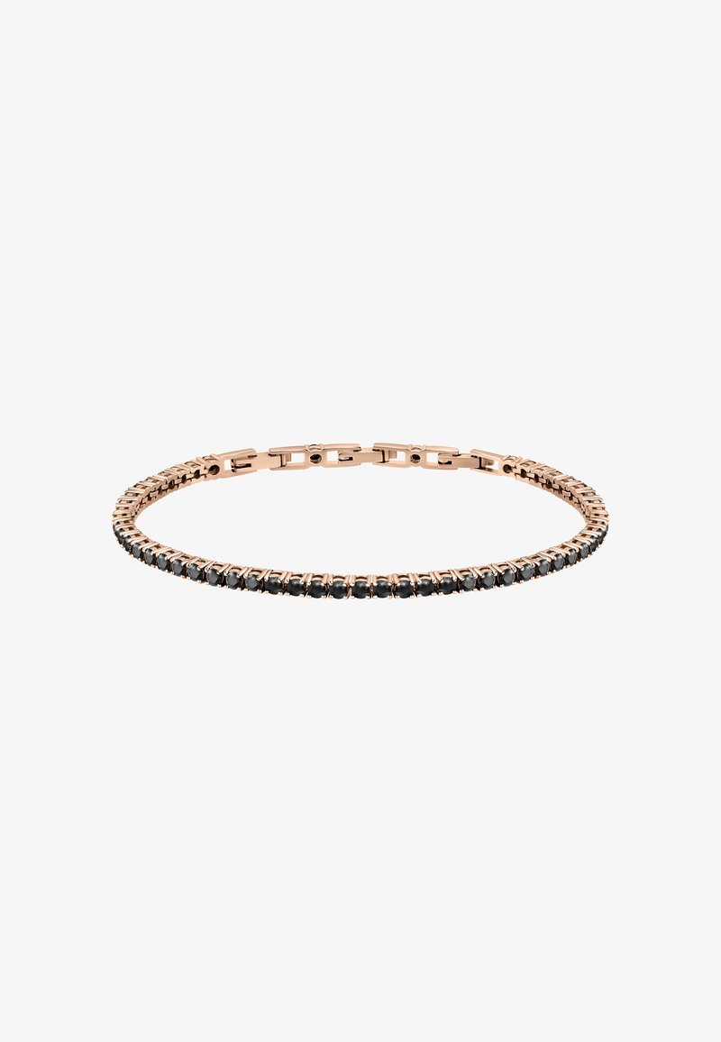 Bracciale in oro rosa con una linea continua di pietre nere, caratterizzato da un design elegante e flessibile con chiusura a scatto.