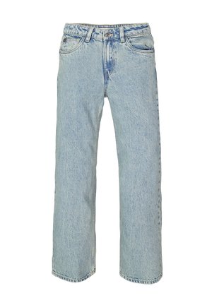 Lichtblauwe denim jeans hebben een losse pasvorm met een rechte pijp. Opvallende details zijn de zichtbare stiksels en de klassieke vijf-pocket stijl.