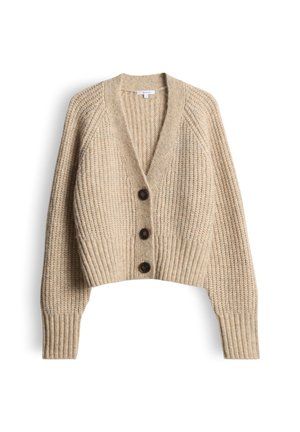 Beige chunky gebreide cardigan met V-hals, lange mouwen, geribbelde manchetten en zoom, en drie donkere knopen aan de voorkant.
