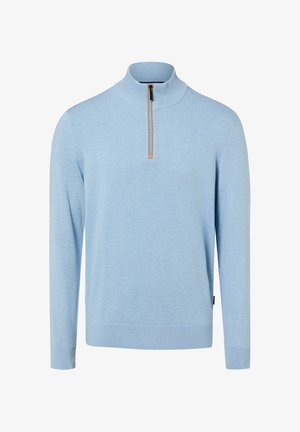 Light blue pullover sweater with a stand-up collar and half-zip closure. Features ribbed cuffs and hem, soft texture, and subtle logo detail.