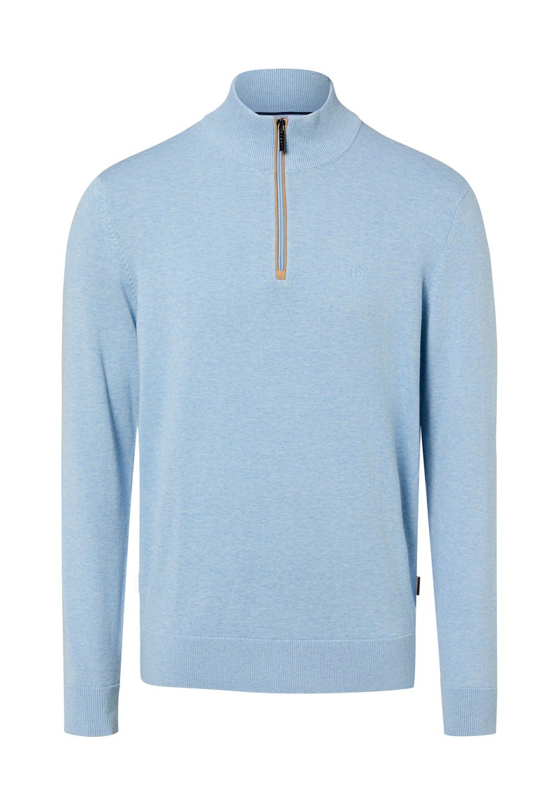 Jasnoniebieski sweter z golfem i półzamkiem. Posiada ściągacze przy mankietach i dole, miękką fakturę oraz subtelne logo.