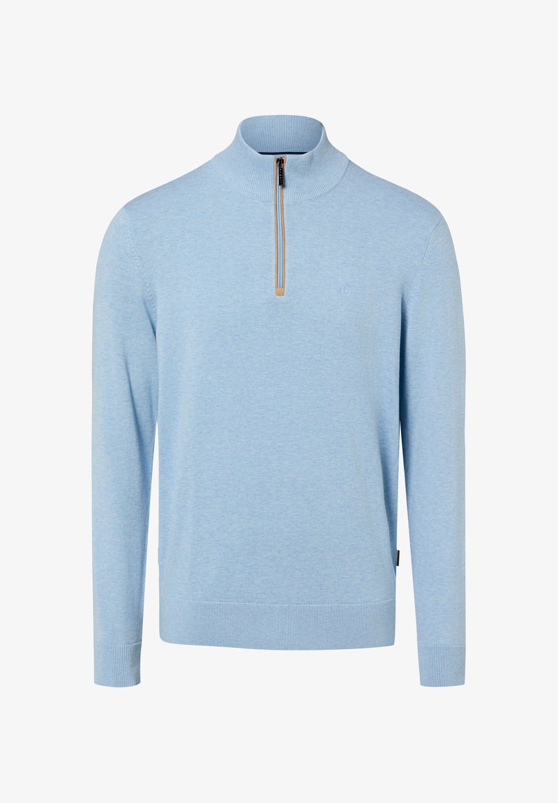 Jasnoniebieski sweter z golfem i półzamkiem. Posiada ściągacze przy mankietach i dole, miękką fakturę oraz subtelne logo.