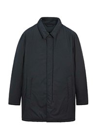 Schwarze, gepolsterte Jacke mit einem Kragen. Verfügt über zwei Seitentaschen und einen geraden Schnitt, hergestellt aus glattem Stoff für Isolierung.