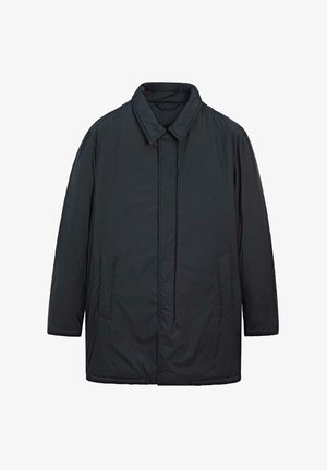 Schwarze, gepolsterte Jacke mit einem Kragen. Verfügt über zwei Seitentaschen und einen geraden Schnitt, hergestellt aus glattem Stoff für Isolierung.