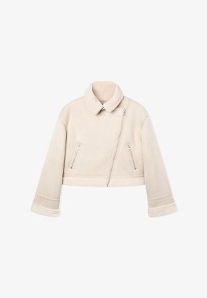 Giacca cropped beige in morbido shearling con chiusura a zip, due tasche anteriori e colletto rotondo. Presenta cuciture a contrasto sui polsini.