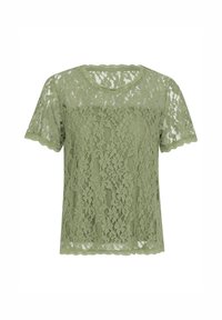 T-shirt en dentelle vert olive à manches courtes, encolure festonnée, motif floral et texture transparente, conçu pour une coupe ample.