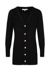 Cardigan noir en tricot doux, avec un col en V, des manches longues et six boutons ronds ressemblant à des perles sur le devant.