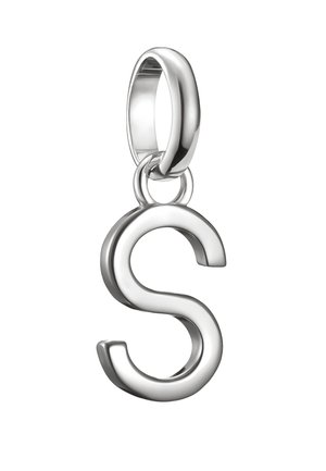 Ciondolo in metallo argentato a forma della lettera "S", con finitura lucida e anello circolare per il fissaggio.