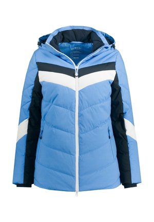 Blauwe pufferjack met een capuchon, voorzien van witte en marineblauwe accenten in een chevronpatroon, ritssluiting en zijzakken. Waterdicht materiaal.