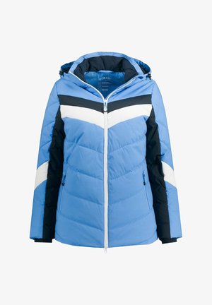 Doudoune bleue avec capuche, présentée avec des accents blancs et marine dans un design en chevrons, fermeture éclair et poches latérales. Matériau imperméable.