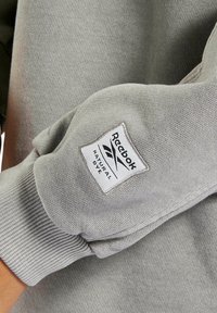 Grå sweatshirt med ribbade ärmar och en etikett med texten "Reebok" och "Natural Dye". Mjuk, texturerad tyg med en avslappnad passform.