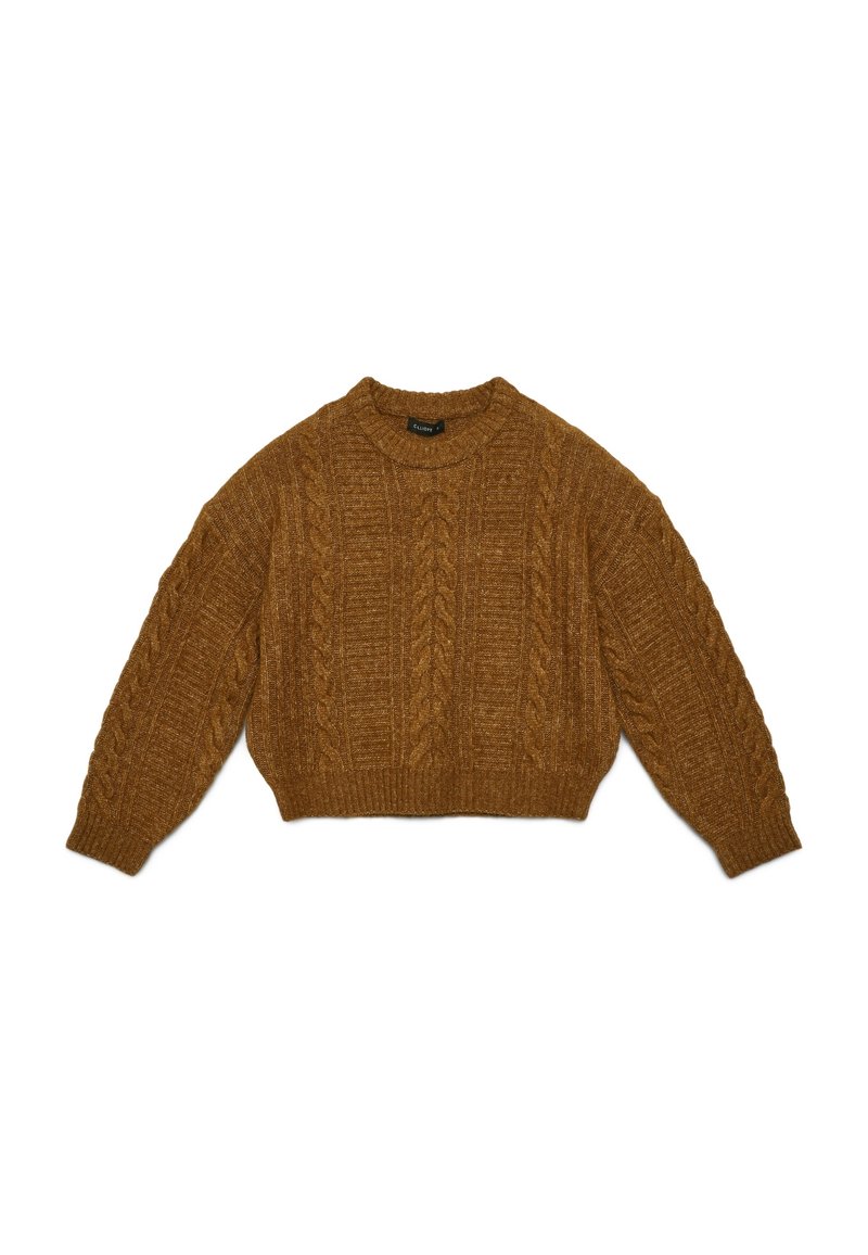 Brauner Kabelstrickpullover mit rundem Halsausschnitt, langen Ärmeln und geripptem Saum. Die Textur weist erhabene Muster im gesamten Stoff auf.