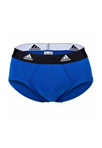 Blåa herrkalsonger i bomull med ett svart elastiskt midjeband med Adidas-logotypen i vitt. Mjuk textur med sydda detaljer.