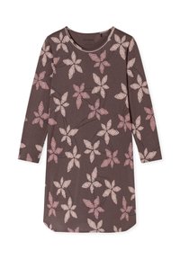 Long-sleeve dress in dark brown cotton, featuring a floral pattern with light pink and beige flowers. Rounded neckline and straight cut.