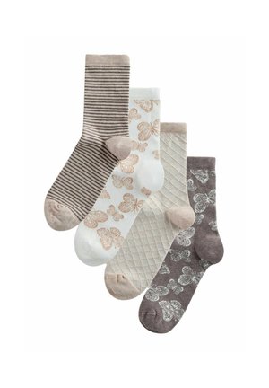 Štyri páry ponožiek po stred lýtka v béžových a hnedých tónoch so vzormi: pruhy, motýle, diamantové pletenie a potlače motýľov.