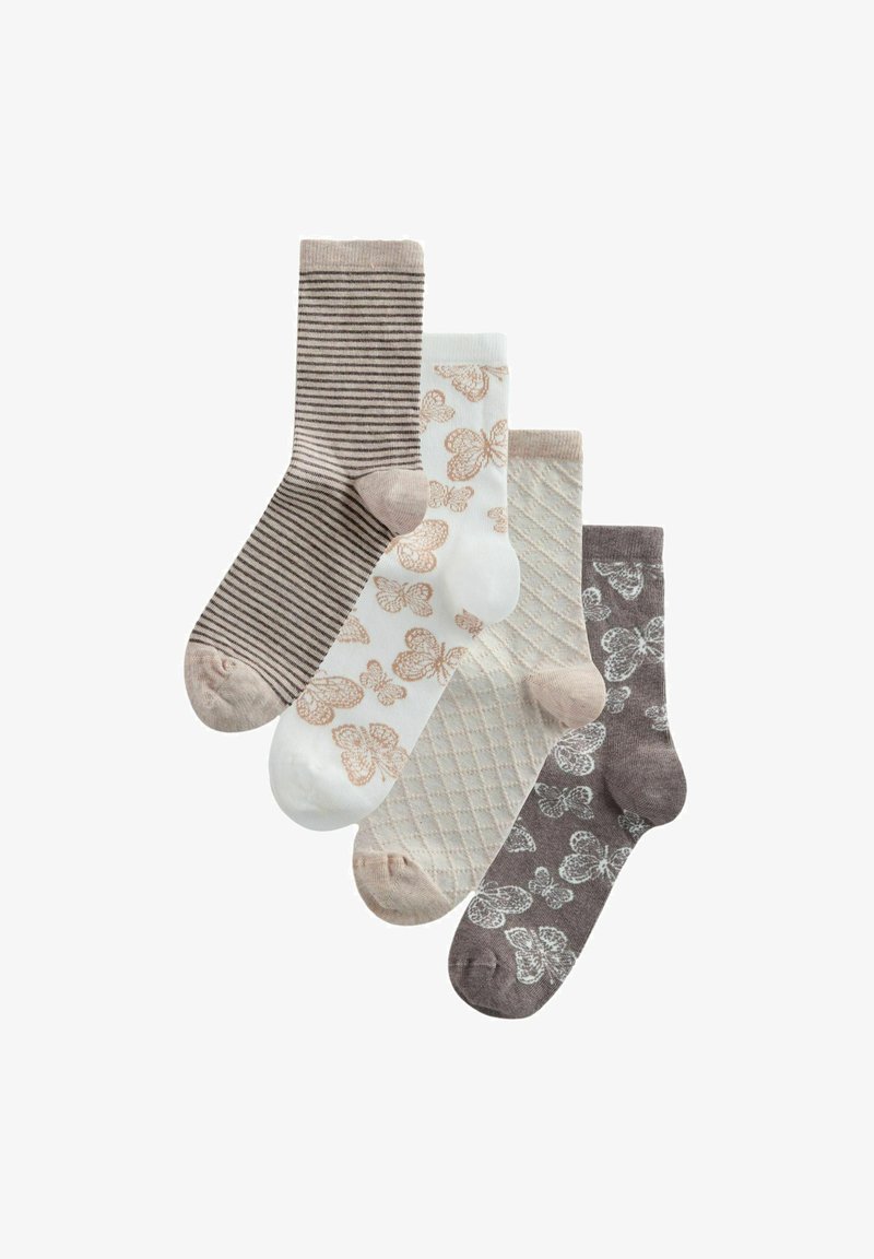 Quatre paires de chaussettes mi-mollet dans des tons beige et marron avec des motifs : rayures, papillons, maille losange, et imprimés papillons.