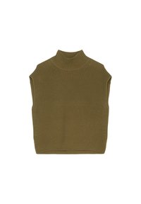 Strikkrave top i olivengrøn, med ribbet tekstur, ærmeløs design og vinklet sidedele for en struktureret silhuet.