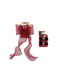 Fiocco in raso bordeaux trasparente con lunghe code, montato su un cartoncino. Inclusi anche due fiocchi più piccoli in velluto rosso scuro con decorazioni argentate.