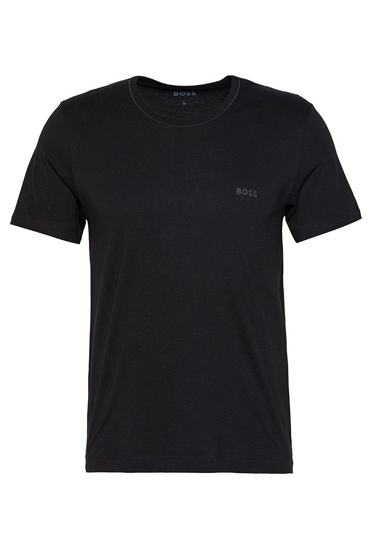 T-shirt noir à col ras du cou en coton, arborant un logo "BOSS" subtil en impression foncée sur le côté gauche de la poitrine, à manches courtes, coupe classique.
