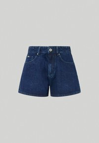 Denim shorts in dark blue, featuring a classic five-pocket design, belt loops, and a single front button closure.