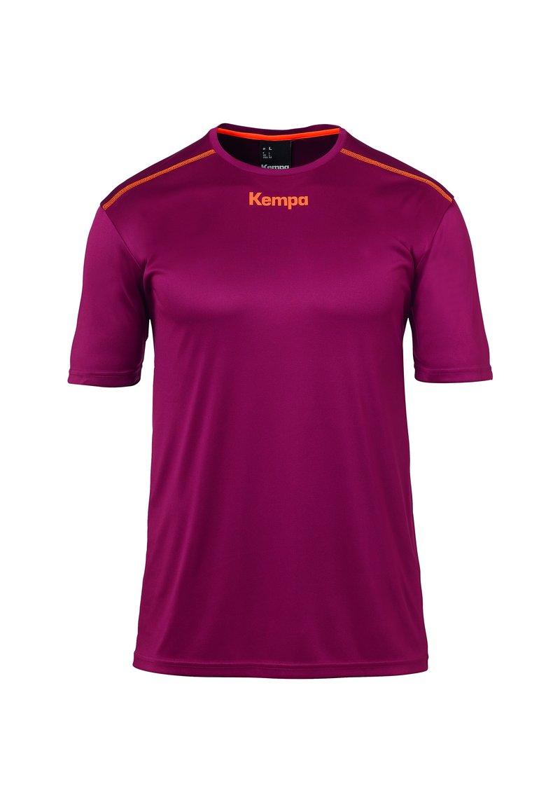 Maillot de sport à manches courtes en violet éclatant, réalisé en tissu lisse, avec des accents orange et le logo 'Kempa' sur le devant.