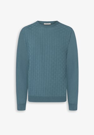 Blue long-sleeve crew neck sweater with textured woven square pattern on front and ribbed cuffs and hem.