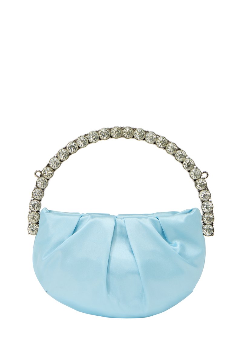 Világoskék selyem felsőrésszel készített táska redős dizájnnal és ívelt, gyémántokkal díszített fogantyúval. Kerek formájú és sima tapintású.