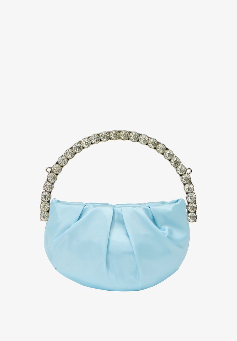Világoskék selyem felsőrésszel készített táska redős dizájnnal és ívelt, gyémántokkal díszített fogantyúval. Kerek formájú és sima tapintású.