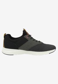 Black and grey athletic shoes with mesh and synthetic materials, featuring a patterned toe area, perforations, and a white sole.