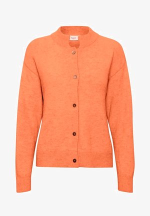 Oranje vest van zachte stof, met een ronde halslijn, knoopsluiting en geribbelde manchetten. Gladde textuur met minimale details.