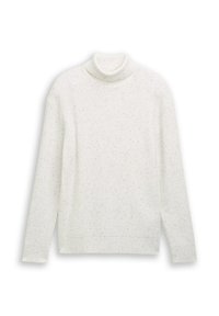 Pull en col roulé blanc avec un tricot texturé, orné de speckles multicolores partout. Manches longues et finition ourlée en bas.