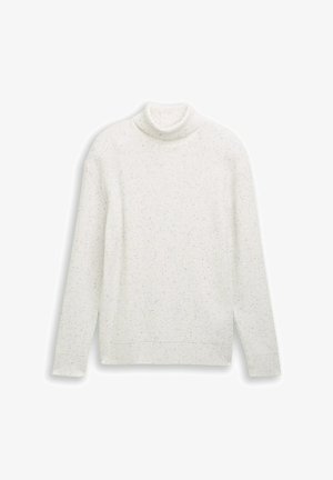 Valge kõrge kaelusega sviiter, millel on kohev kudumine ja mitmevärvilised täpid. Pikad varrukad ja ääristatud alumine serv.