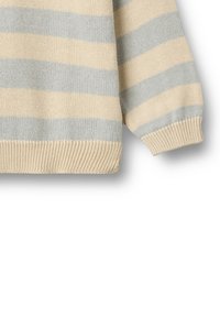 Gestreifter Strickpullover in Creme und Hellgrau. Mit gerippten Bündchen und Saum, weicher Textur und breiten horizontalen Streifen.