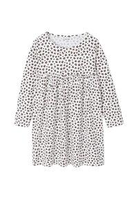 Langärmliges Kleid in Weiß mit einem braunen Leopardenmuster, ausgestattet mit einem gerafften Taillenbereich und einem runden Ausschnitt. Weicher, leichter Stoff.