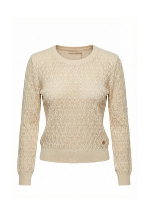 Maglione beige a maniche lunghe in maglia con motivo a rilievo, polsini e orlo a coste, e un piccolo emblema con logo vicino all'orlo inferiore sul lato destro.